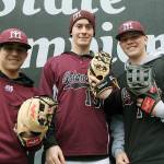 From left, Mercer Island baseball captains Noah Hsue, Jack Smith and Alex Shanks (Joe Livarchik/staff photo).