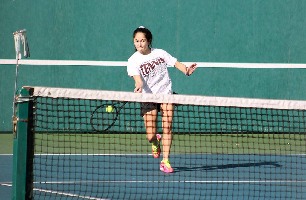 Mercer Island&rsquo;s Chloe Gage competes during the Islanders&rsquo; nonconference tennis match against Eastlake Thursday at Eastlake High School. Gage defeated Eastlake&rsquo;s Kaitlyn Lee 6-2, 6-0. Mercer Island won the match 6-1 (Joe Livarchik/staff photo).