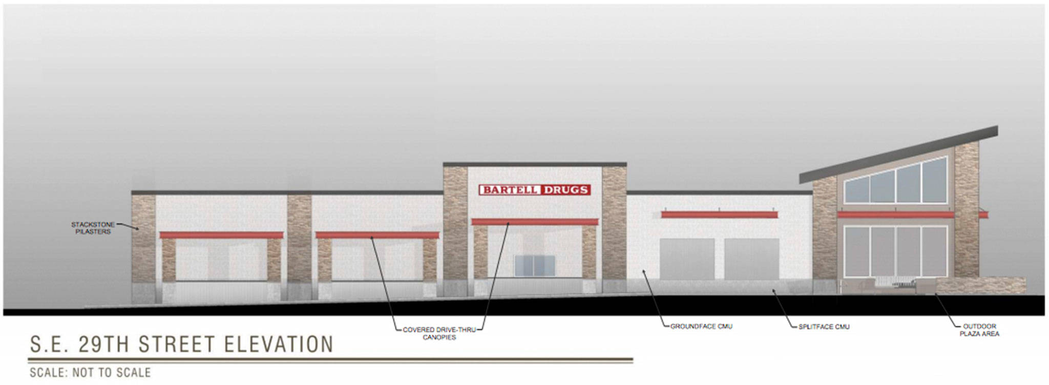 An architect for Bartell Drugs submitted plans for a feasibility study to the city&rsquo;s Design Commission last week, for the site at 2885 78th Ave. SE. Image courtesy of Magellan Architects