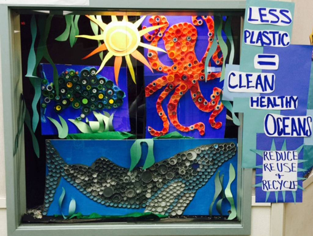 Lakeridge students created art out of bottle caps to show the effects of plastics in the world&rsquo;s oceans. Photo courtesy of Craig Degginger/Mercer Island School District