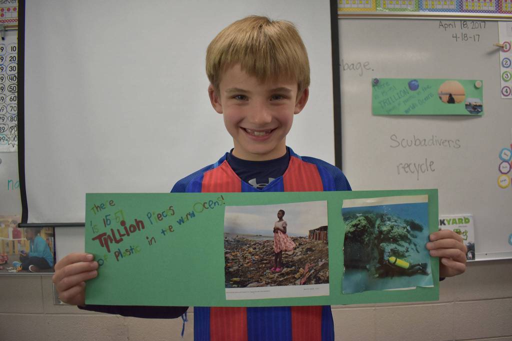 Island Park students created Earth Day artworks about the problems of pollution and plastics in the world&rsquo;s oceans. Photo courtesy of Craig Degginger/Mercer Island School District