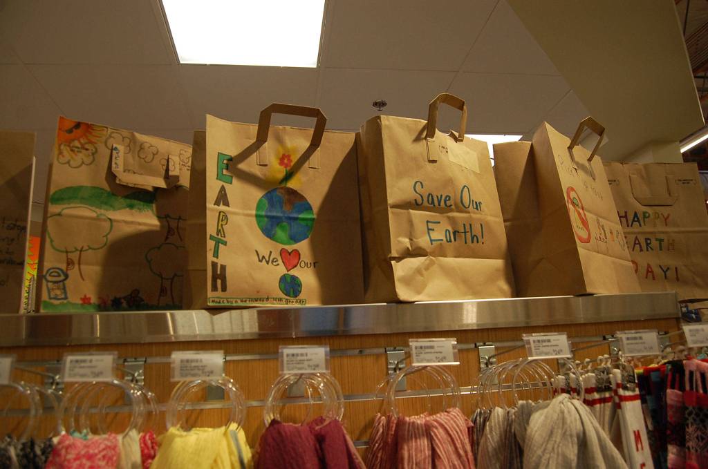 Shoppers at New Seasons Market on Mercer Islandwill see the artwork of Northwood fourth graders on grocery bags in celebration of Earth Day on April 22. Katie Metzger/staff photo