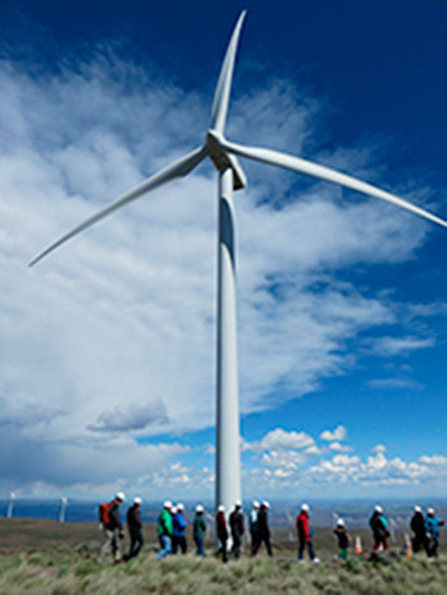A wind turbine at the Wild Horse wind farm. Photo courtesy of PSE