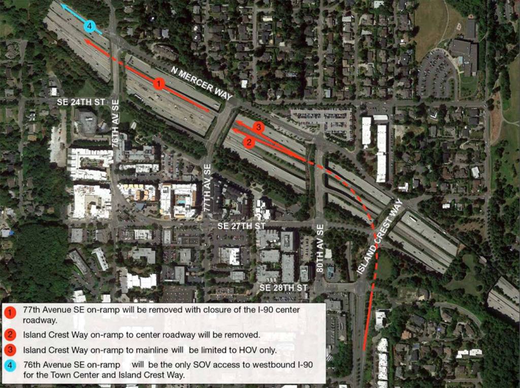 This photo shows how I-90 can be accessed once the center lanes close. Image courtesy of the city of Mercer Island
