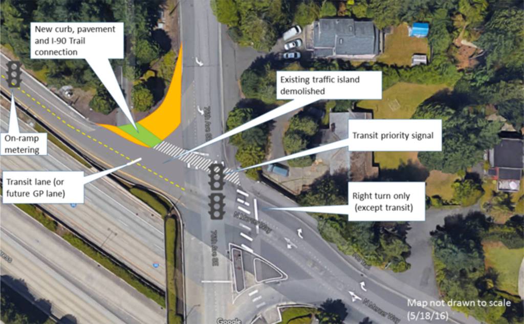 This graphic shows the changes to the North Mercer Way/76th Avenue on-ramp (which can be accessed by SOVs). Image courtesy of Sound Transit