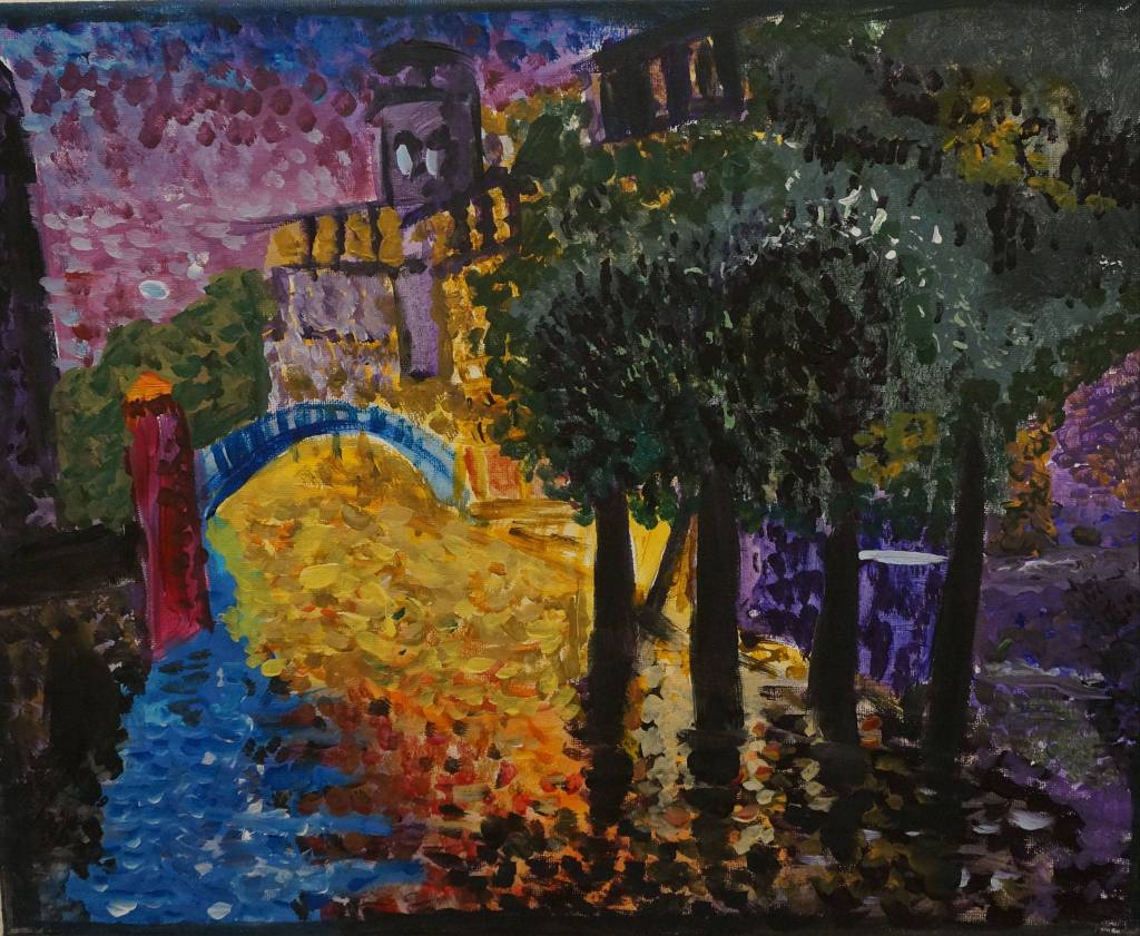 Rio San Trovaso, Venice. Acrylic on canvas by Daria Ulshin, 6th grade.