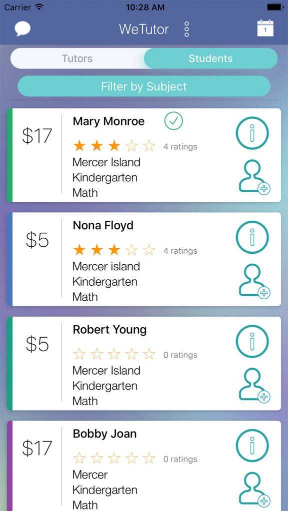The WeTutor app, created by four Mercer Island students, allows users to see a list of available tutors in their area. It also has chat and calendar functions, allowing students and tutors to easily connect with each other. Photo via wetutorapp.com