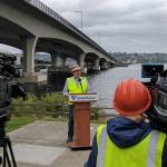 Sound Transit CEO Peter Rogoff speaks to media about light rail construction on the floating bridge. Photo via Twitter