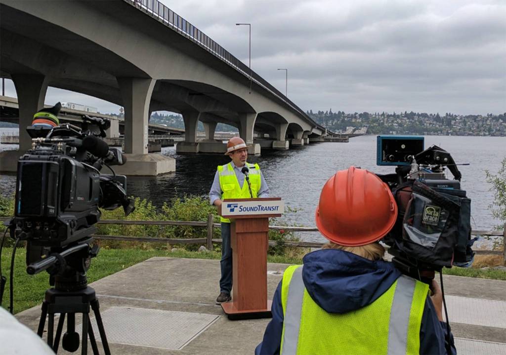 Sound Transit CEO Peter Rogoff speaks to media about light rail construction on the floating bridge. Photo via Twitter