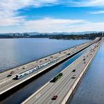 East Link light rail will extend 14 miles from Seattle to the Eastside, operating in the recently closed center roadway of Interstate 90. This is the first time light rail will be built across a floating bridge. Image courtesy of Sound Transit