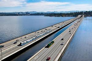 East Link light rail construction underway on I-90 bridge