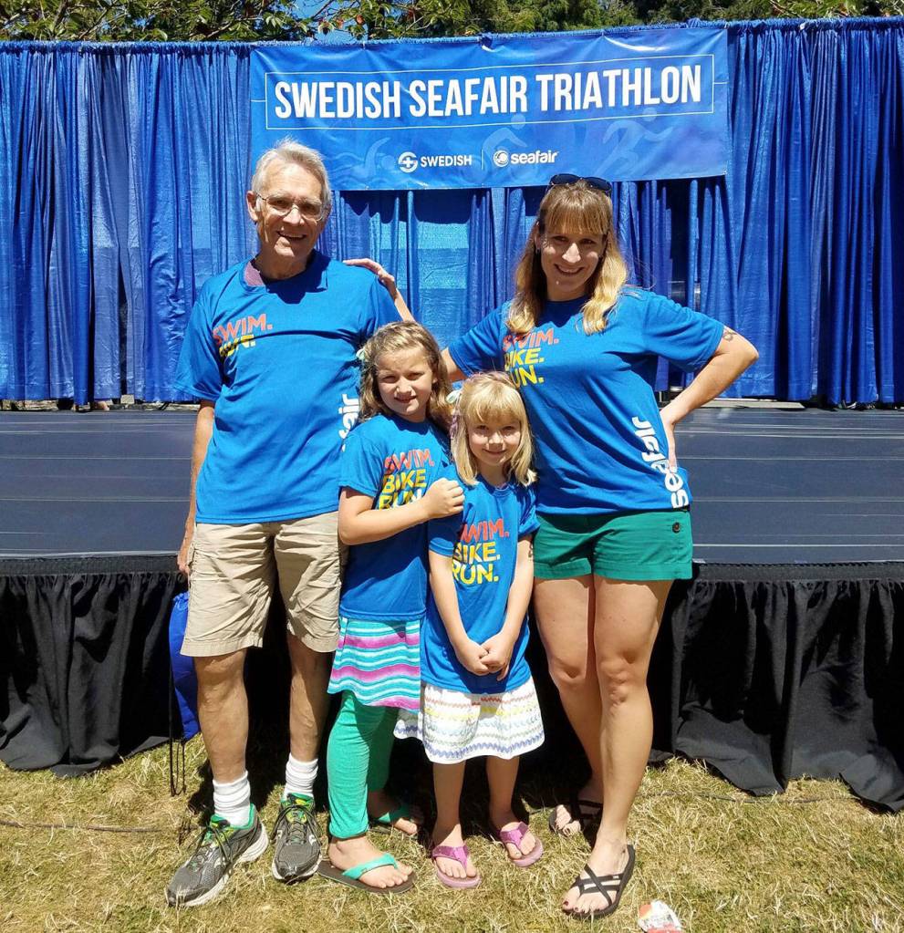 Tom Robertson, Dana Robertson Halter and McKenna and Cassandra Halter smile at the Seafair Triathlon. Photo courtesy of Dana Robertson Halter