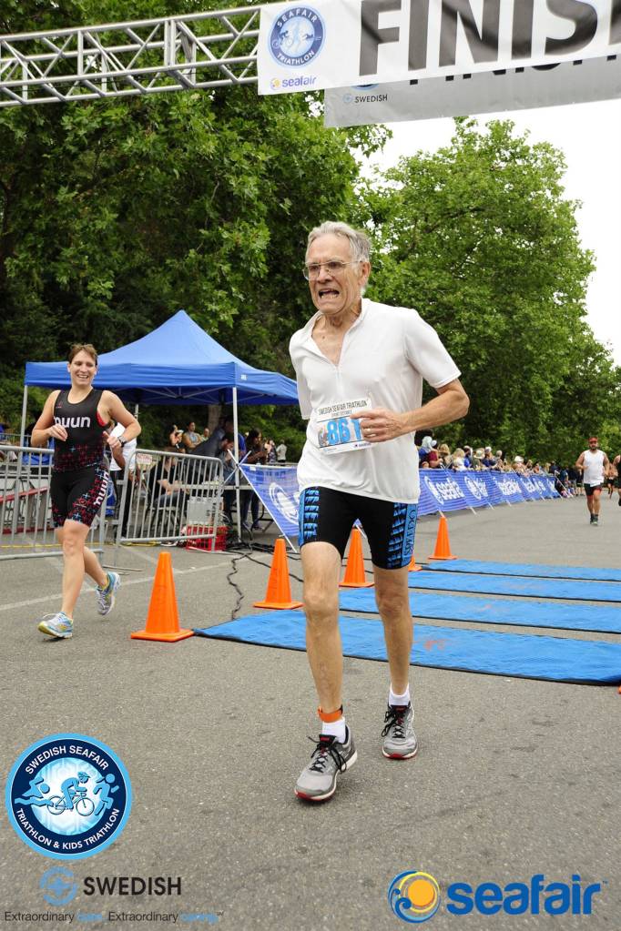 Tom Robertson, 75, finishes the triathlon in 1:38. Photo courtesy of Swedish Seafair Triathlon