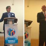Mitzi Johanknecht and John Urquhart, who are running for King County Sheriff, exchange ideas for how to improve the law enforcement agency at the Sept. 5 Rotary Club meeting at the Mercer Island Community and Event Center. Katie Metzger/staff photos