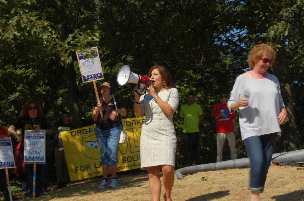 Seattle City Council candidate Teresa Mosqueda speaks to the crowd, expressing her support for workers and unions. Katie Metzger/staff photo