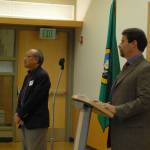 Council candidates Benson Wong and Mark Coen debate at a Mercer Island Chamber of Commerce meeting on Sept. 21. Katie Metzger/staff photo