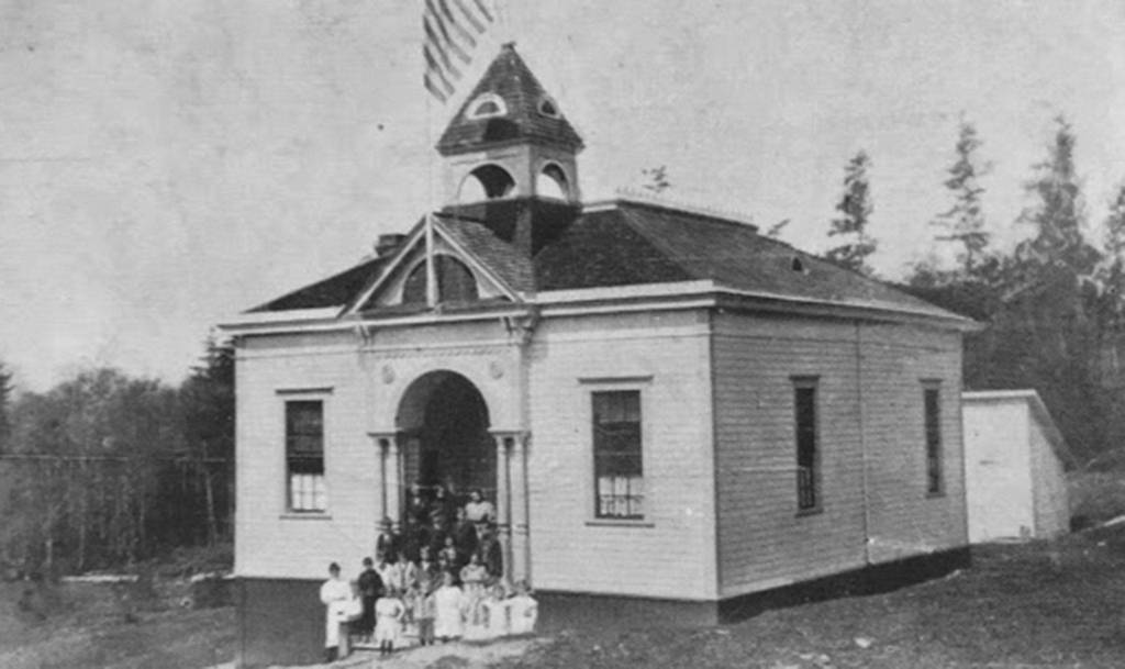 The first East Seattle School, called the &ldquo;little white schoolhouse,&rdquo; was built in 1890 on the site of what is now Secret Park. The building burned down in 1914. Photo courtesy of the Mercer Island Historical Society