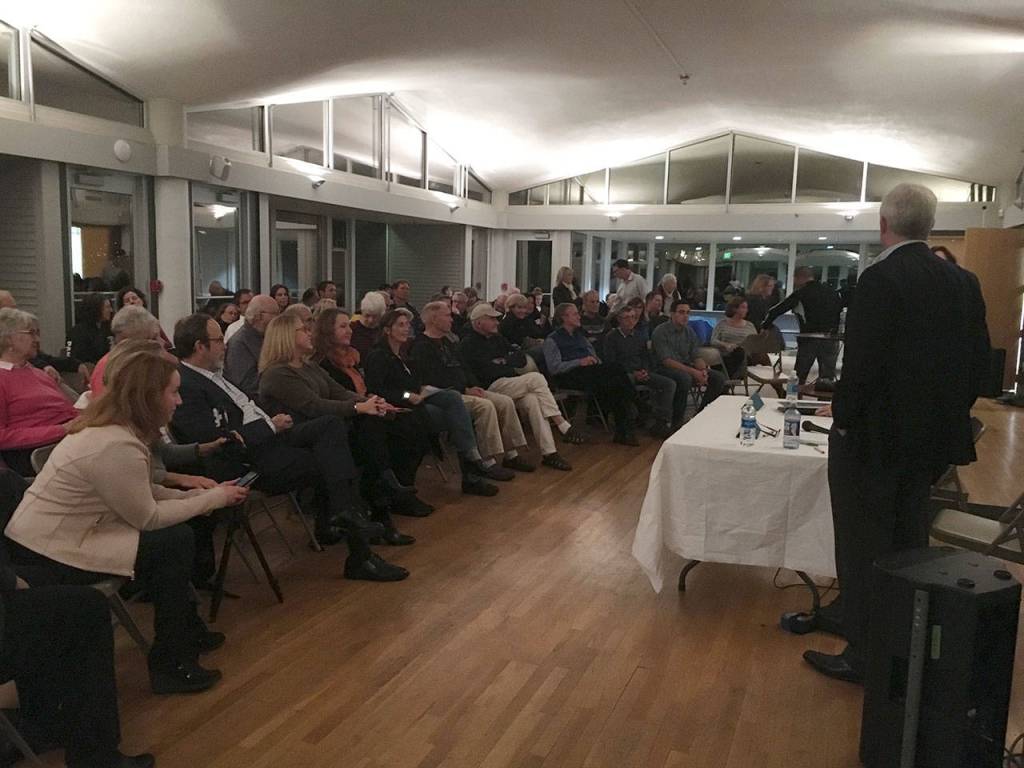 City Council candidates Tom Acker and Joy Langley address the crowd at the Mercer Island Beach Club on Oct. 16. Katie Metzger/staff photo