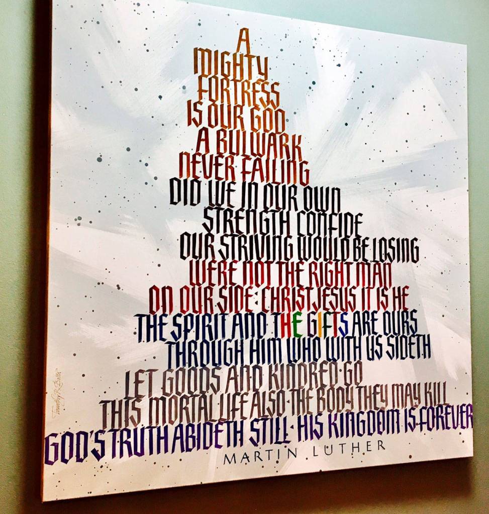 This original art commissioned by Covenant Shores pays homage to Martin Luther&rsquo;s most well-known hymn &ldquo;A Mighty Fortress Is Our God.&rdquo; Photo courtesy of Greg Asimakoupoulos