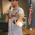 MLB pitcher Matt Boyd demonstrates how he grips a baseball to residents of Covenant Shores on Oct. 30. Photo courtesy of Greg Asimakoupoulos