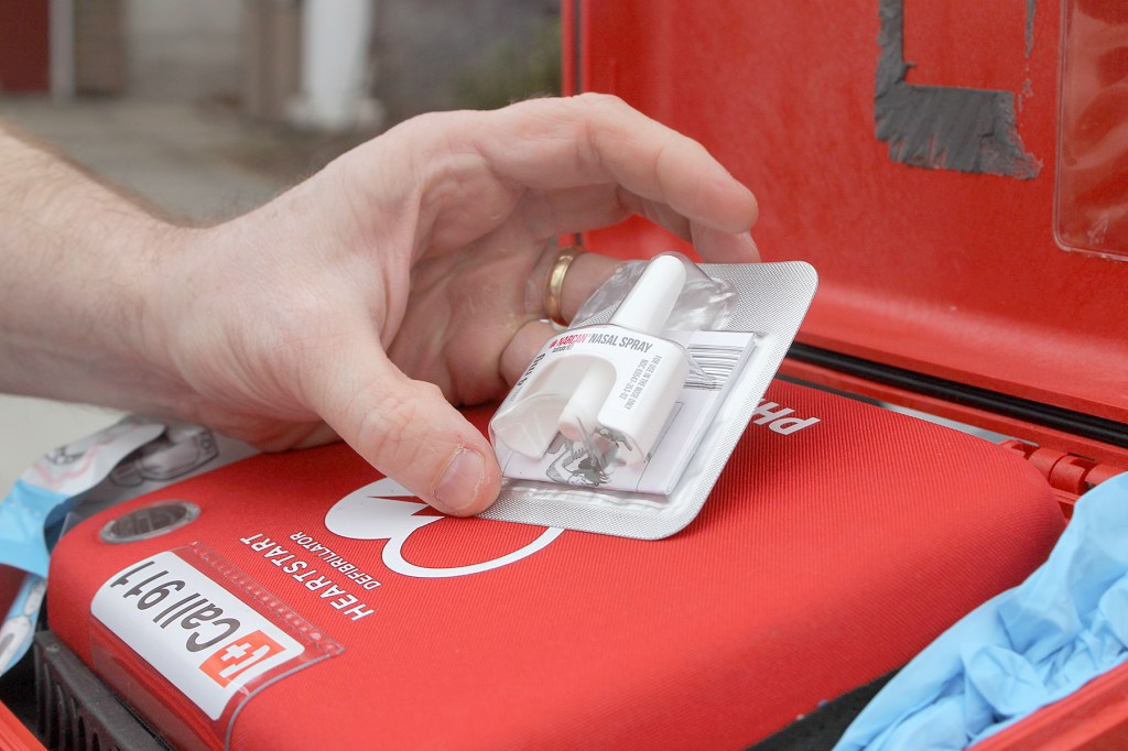 Langley Police Chief David Marks displays a 4mg dosage of Narcan, which is usually stored in his defibrillator box. Evan Thompson/The Record