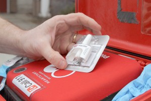 Langley Police Chief David Marks displays a 4mg dosage of Narcan, which is usually stored in his defibrillator box. Evan Thompson/The Record