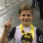 Photo courtesy of Graeme Gibson                                Islander Middle School sixth grade student Gordon Gibson captured a first place gold medal in yellow belt in the 11-year-old nogi division at the SJJIF World Jiu-Jitsu Championships on Oct. 29 in Long Beach, California. Gibson, who has been training in Brazilian Jiu-Jitsu since he was seven years old, trained for two hours a day for six days a week since July in preparation for the world championships in late October.