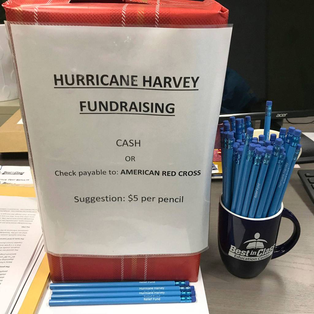 MIHS student Albert Lam sold pencils to raise money for Hurricane Harvey relief efforts. Photo courtesy of Albert Lam