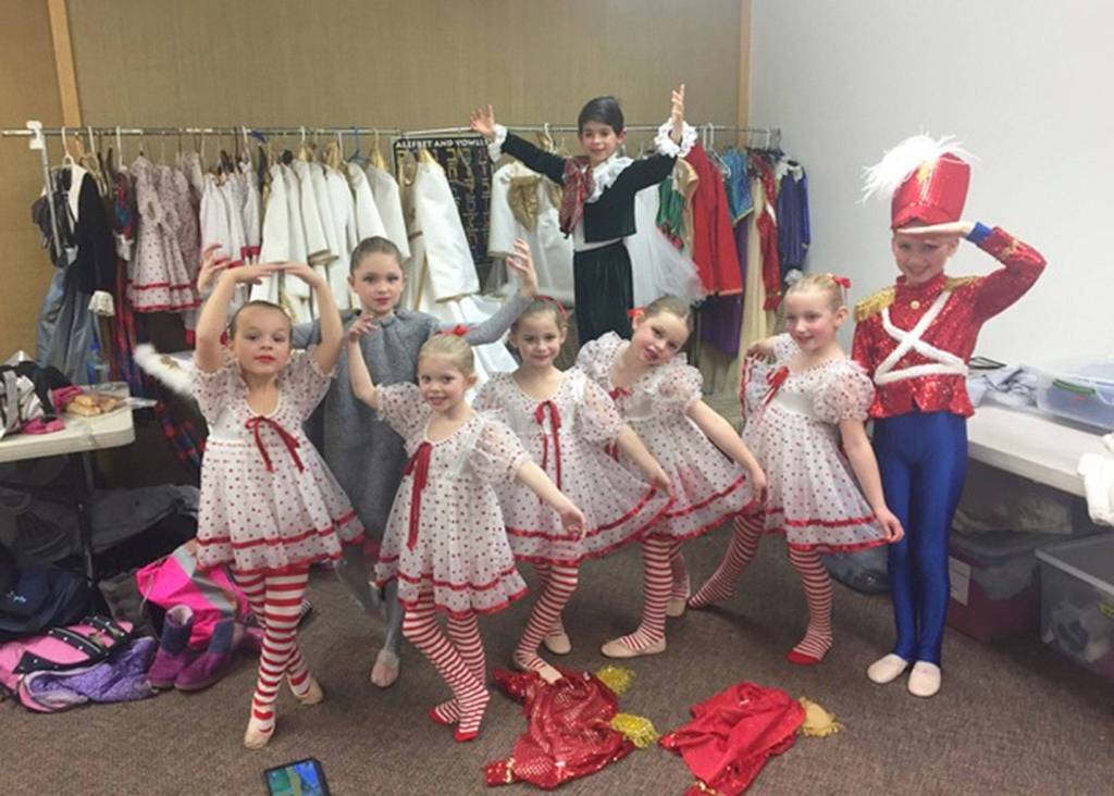 Island Youth Ballet dancers pose backstage in their costumes for Excerpts from the Nutcracker. Photo courtesy of Sharon Perez