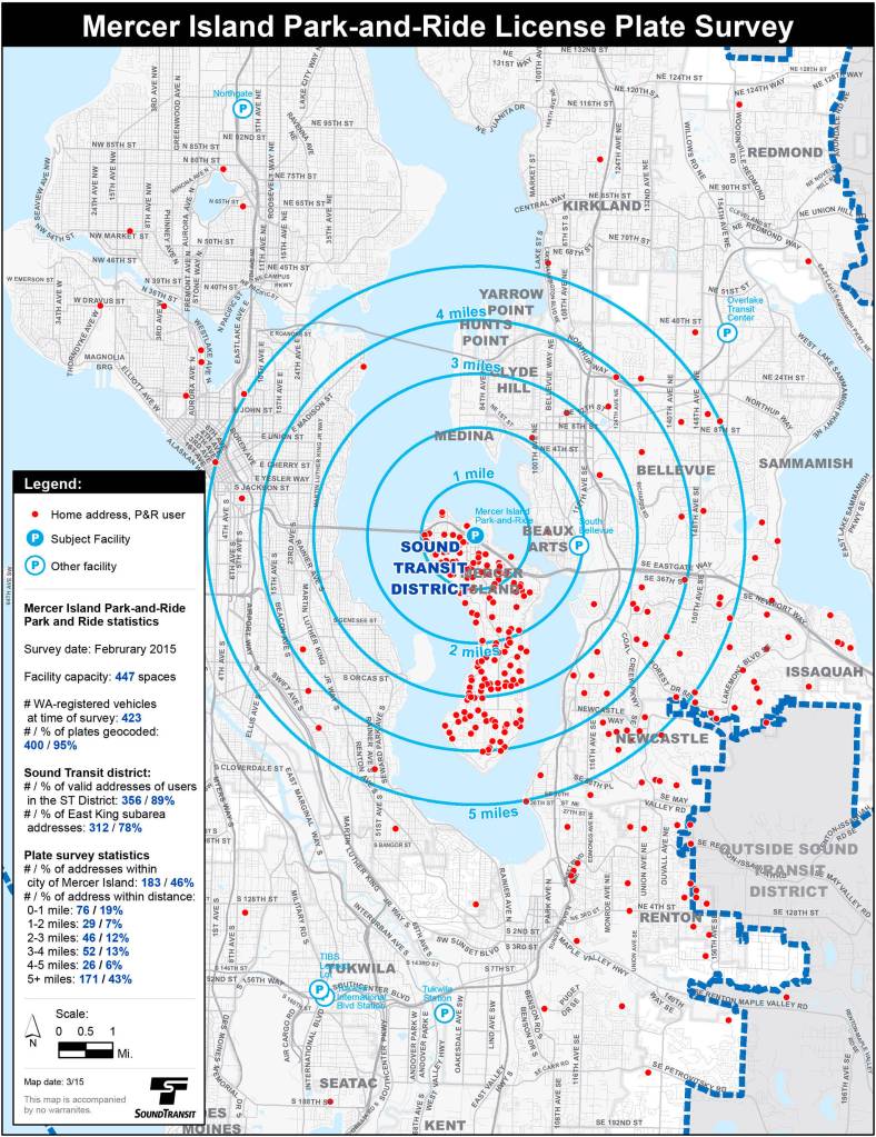 A February 2015 license plate study at the Mercer Island Park and Ride shows that 46 percent of the cars were registered to a Mercer Island address. Image courtesy of Sound Transit