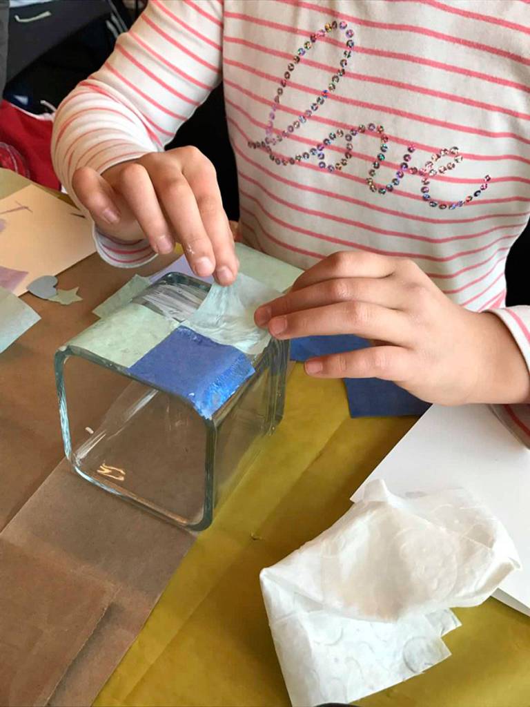 Winter workshop participants made votive candle holders, foil ornaments and cards. Photo courtesy of Raleigh Nowers