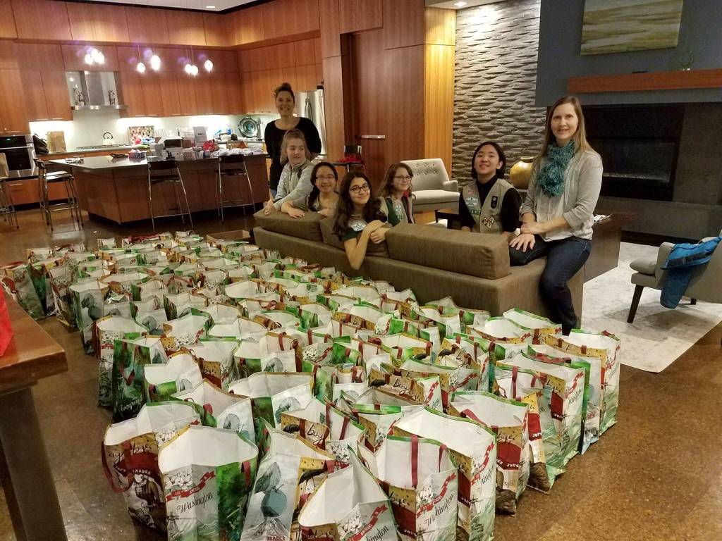 Scouts pose with their bags of care. Photo courtesy of Terese Broccoli
