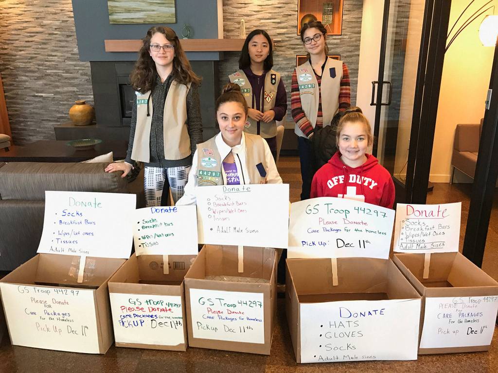 Members of Girl Scout Troop 44297 asked the community for donations to help them make care packages for homeless people. Photo courtesy of Terese Broccoli