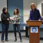 Newly selected Mayor Debbie Bertlin proclaims Jan. 15 as Martin Luther King Jr. Day at Tuesdays Mercer Island City Council meeting. Representatives from Mercer Island Democracy in Action and One MI, Jennifer Guerrero Flood and Robin Li, accepted the proclamation. Katie Metzger/staff photo