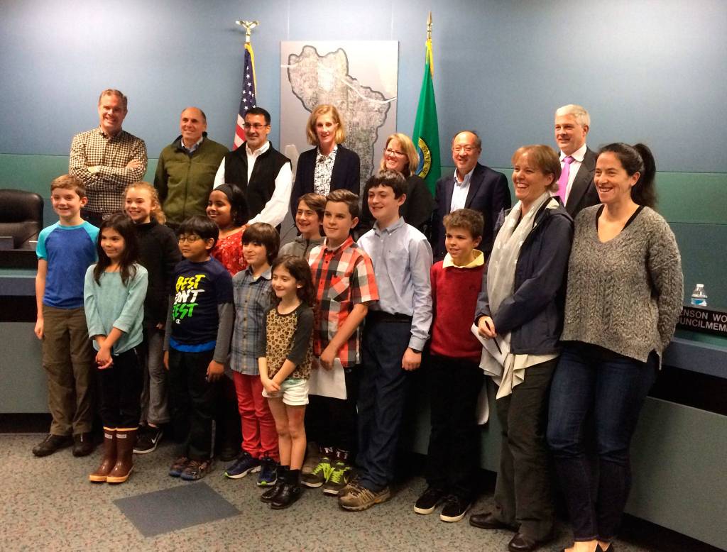 Members of the Lakeridge student Green Team, led by Heather McLyman and Nancy Weil, pose with the Mercer Island City Council after their presentation on Jan. 23. Photo courtesy of Ross Freeman