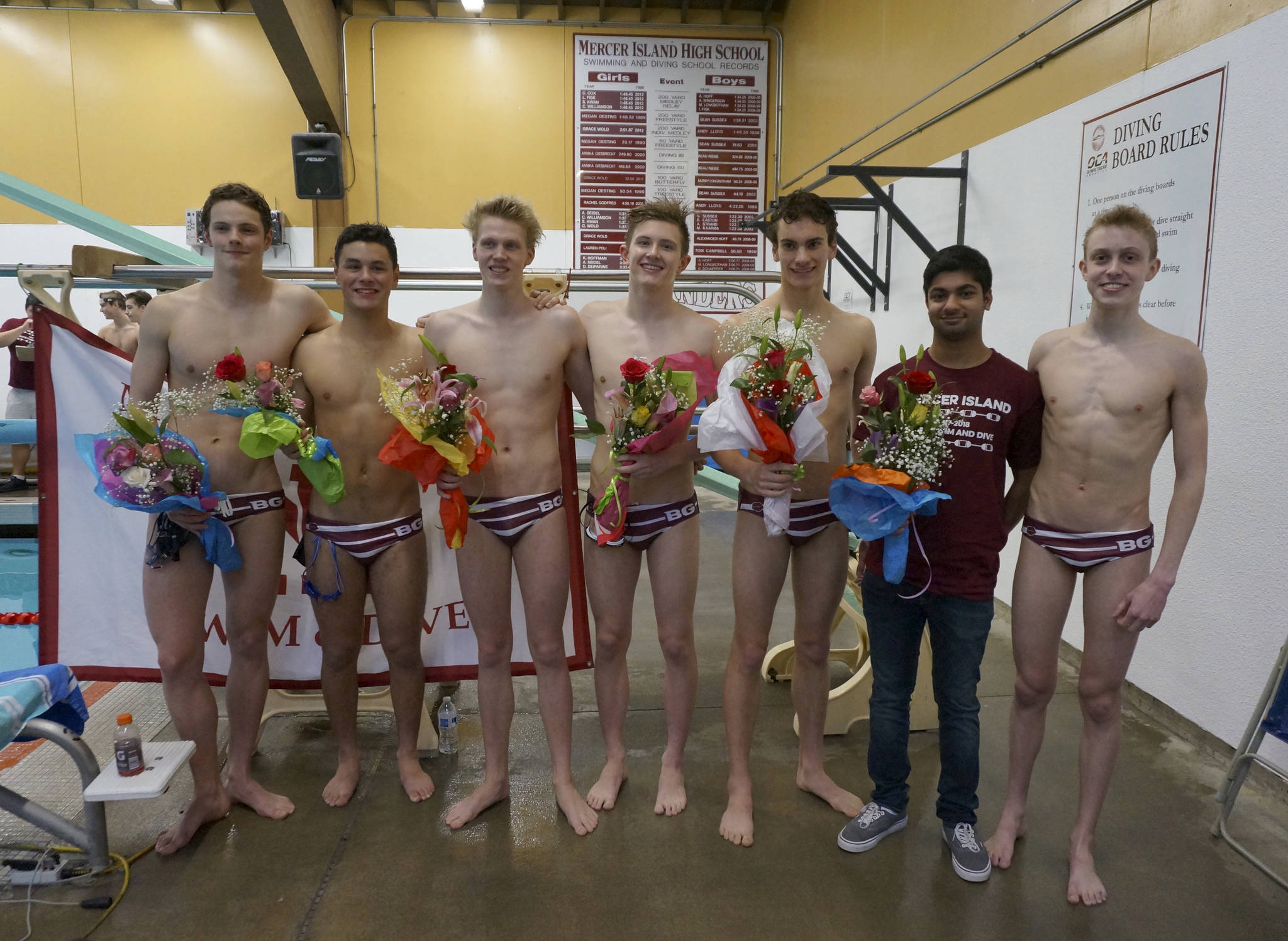 Photo courtesy of Danielle Whipple                                The Mercer Island Islanders boys swim team improved its overall record to 6-0 courtesy of a convincing 139-44 victory against the Sammamish Totems on Jan. 18 in Bellevue. Mercer Island seniors Kyle Bailey, Carson Coe, Oliver Hoff, Austin Shobe, Gabe Muzio, Param Mehta and Alex Mueller are pictured in the above photo.                                The Islanders 200 yard medley relay team of Nate Robinson, Killian Riley, James Richardson and Jake Headrick finished in first place. The 200 yard freestyle relay quartert of Hoff, Robinson, Riley and Richardson earned first place. The 400 freestyle relay team of Coe, Bailey, Shobe and Hoff registered a first place finish. Islanders swimmers registering first place finishes in individual events were Headrick (200 free), Caleb Apodaca (200 IM), Robinson (50 free), Bailey (100 backstroke, 100 fly), Richardson (100 free), Ralston (500 free) and Riley (100 breast stroke).