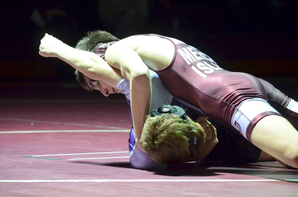 Photo courtesy of Billy Pruchno                                Mercer Island 113-pound grappler Connor Pettigrew (pictured) defeated Lake Washingtons Max Reisman 13-8 on Jan. 25 at Mercer Island High School.