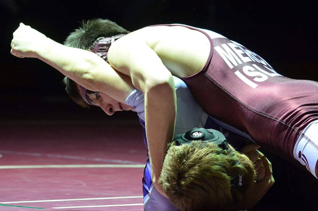 Photo courtesy of Billy Pruchno                                Mercer Island 113-pound grappler Connor Pettigrew (pictured) defeated Lake Washingtons Max Reisman 13-8 on Jan. 25 at Mercer Island High School.