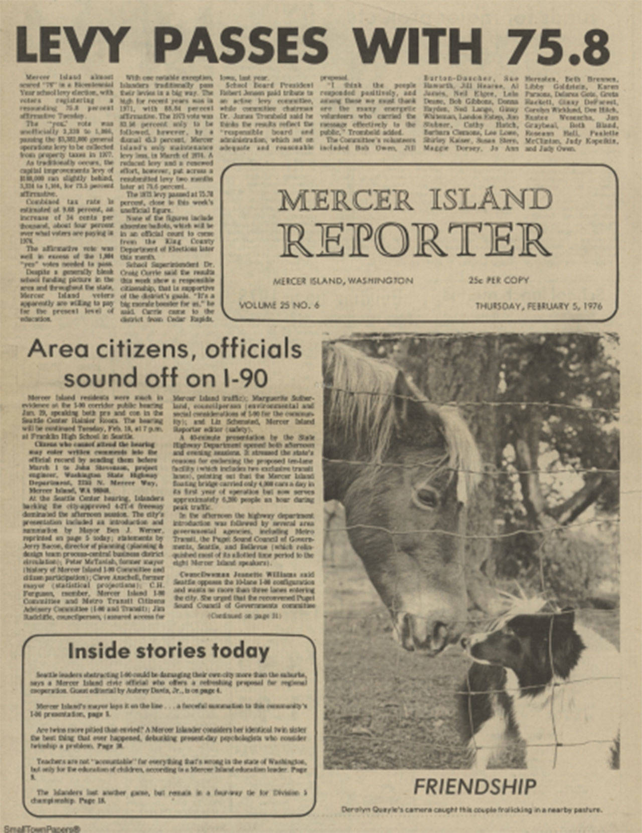 The front page of the Feb. 5, 1976 issue of the <em>Mercer Island Reporter</em>, and other selected pages, can now be found online thanks to an archiving project of the Mercer Island Historical Society. Image via mih.stparchive.com