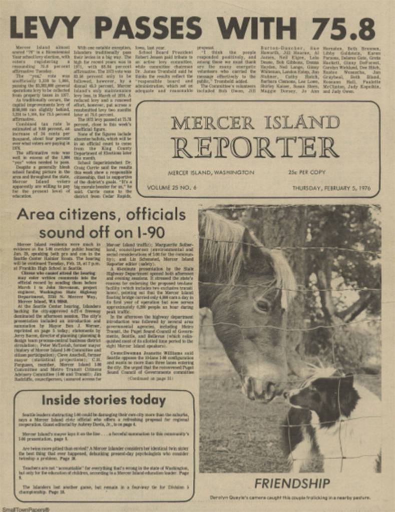 The front page of the Feb. 5, 1976 issue of the <em>Mercer Island Reporter</em>, and other selected pages, can now be found online thanks to an archiving project of the Mercer Island Historical Society. Image via mih.stparchive.com