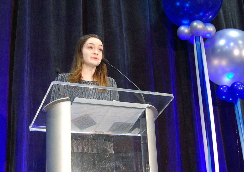 MIHS student Hannah Stewart speaks about the importance of prevention and health at the MIYFS Annual Breakfast. Katie Metzger/staff photo