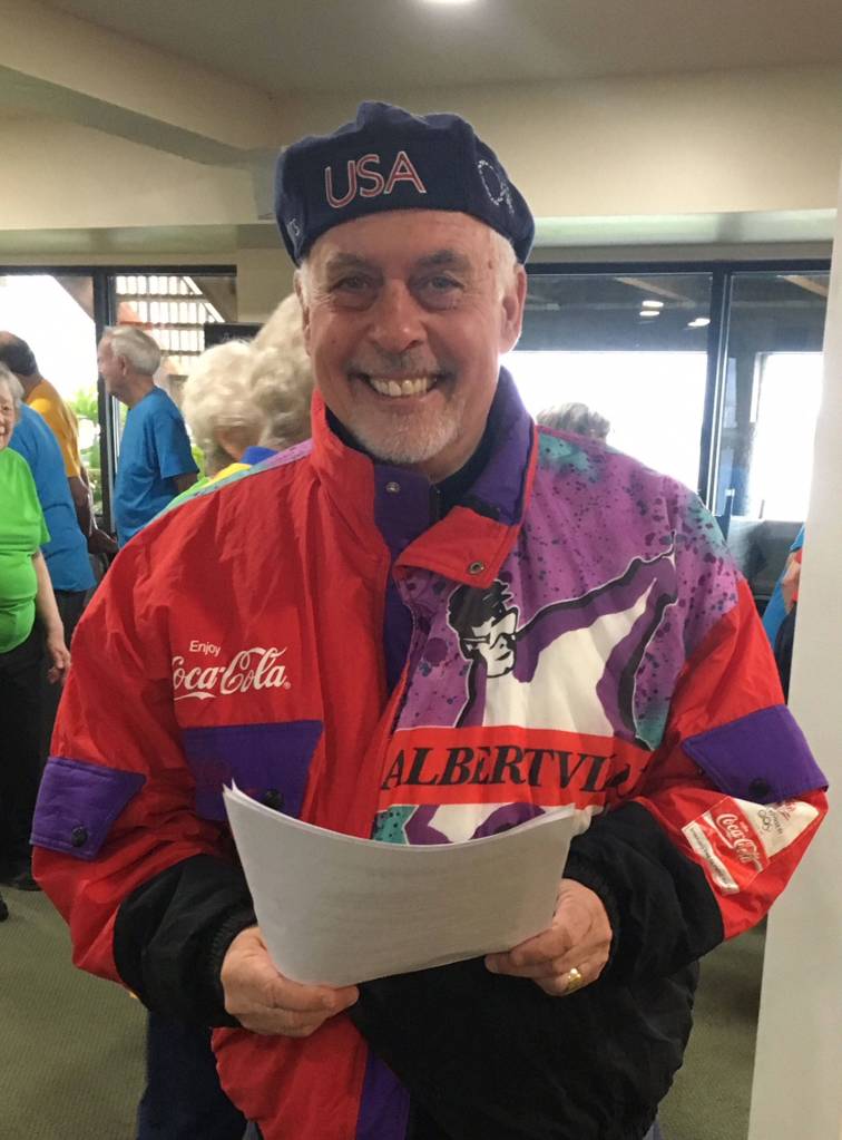 Covenant Shores Chaplain Greg Asimakoupoulos wears his 1992 Albertville jacket to the opening ceremony of the Shores Olympics. Photo courtesy of Greg Asimakoupoulos