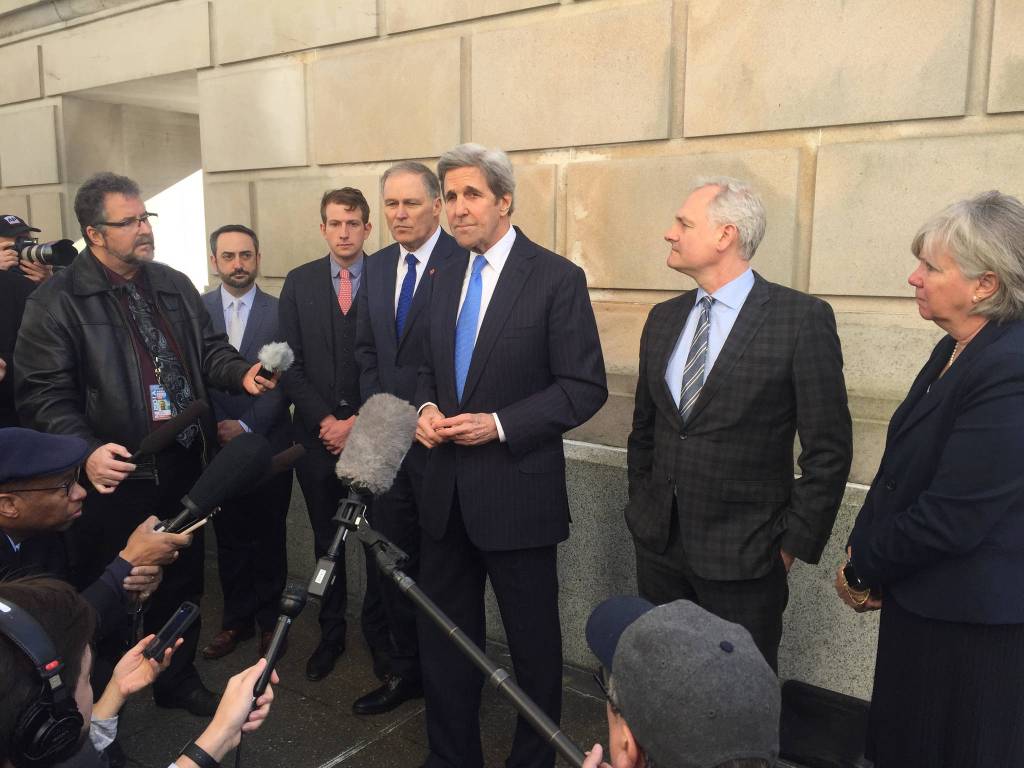 Former U.S. Secretary of State John Kerry visited Olympia Tuesday to voice support for Gov. Inslees carbon tax proposal. Photo by Josh Kelety