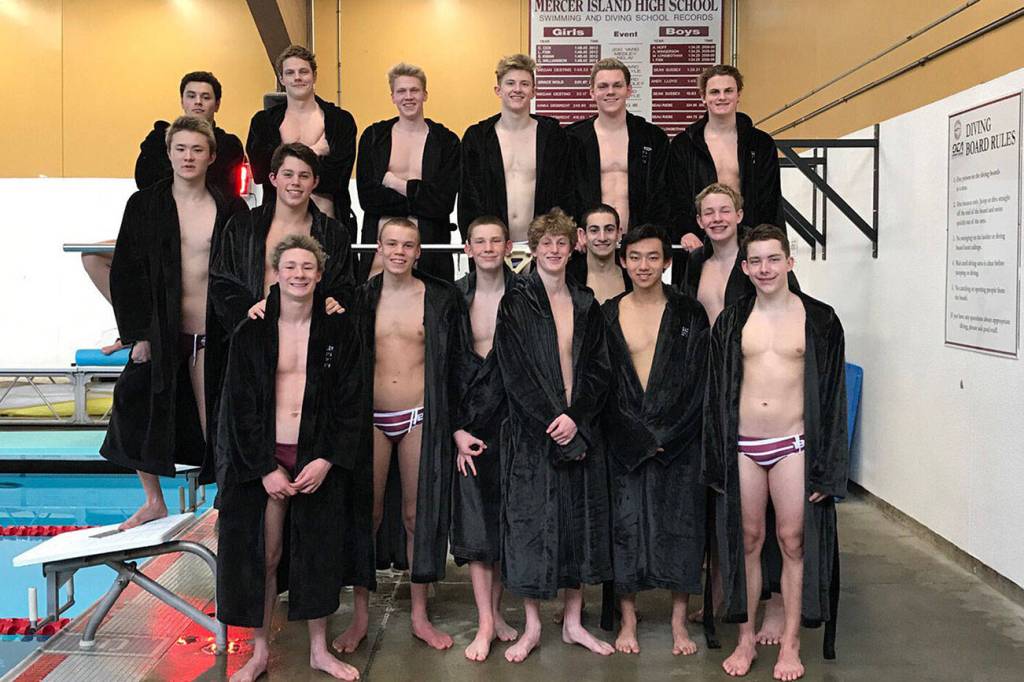 Photo courtesy of Amy Shobe                                The Mercer Island boys swim team captured second place at the Class 3A state swim and dive meet on Feb. 17 at the King County Aquatic Center in Federal Way. The Islanders, who compiled a total of 374 team points, were just 23 points behind first place Bainbridge Island. Mercer Island athletes that competed at the state meet consisted of Carson Coe, Kyle Bailey, Oliver Hoff, Austin Shobe, Nate Robinson, Evan Hill, James Robertson, Jake Headrick, Killian Riley, Caleb Apodaca, Kieran Watson, Collin Ralston, Ethan Schwartz, Dan Gao, Alex Edwards, John Novak and Gabe Neale.                                The 200 free relay team consisting of Hill, Coe, Riley and Hoff earned first place. The 400 free relay quartet of Richardson, Robinson, Hoff and Riley nabbed second place. The 200 medley relay team of Edwards, Richardson, Coe and Bailey captured second place. Richardson collected individual titles in the 100 fly with a time of 49.84 and the 100 backstroke with a time of 49.78.