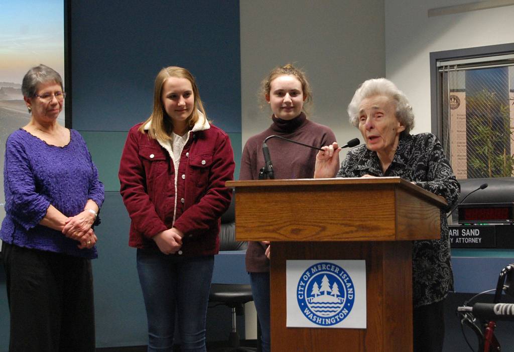 Myra Lupton addresses the council at their March 6 meeting, noting that Mercer Island was recently named the best place to live in Washington. Katie Metzger/staff photo