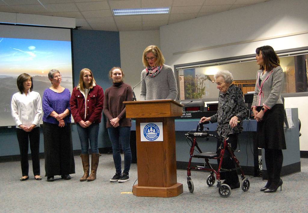 Mercer Island Mayor Debbie Bertlin presents the proclamation for Womens History Month and International Womens Day at City Hall. Katie Metzger/staff photo
