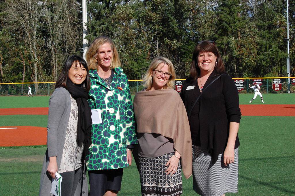 City Manager Julie Underwood, Mayor Debbie Bertlin, City Councilmember Wendy Weiker and King County Councilmember Claudia Balducci smile before the grand re-opening ceremony. Katie Metzger/staff photo