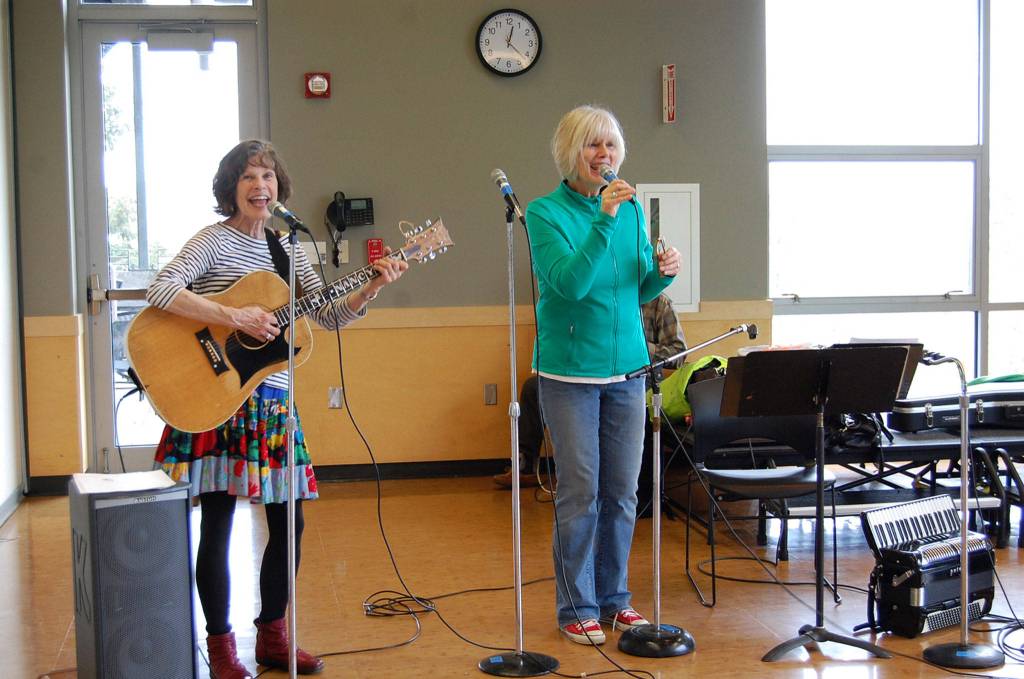 Mercer Island musician Nancy Stewart, left, performs with the Bus Boys Band at Saturdays fair. Katie Metzger/staff photo