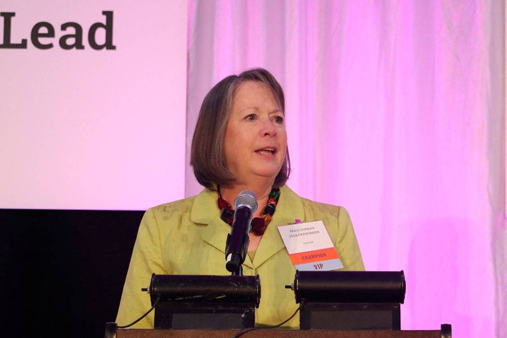 Mary Lindquist accepts the 2018 Pathfinder award and speaks about her time working in the district. Evan Pappas/Staff Photo