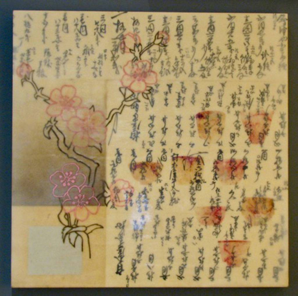 Mercer Islands Clarke and Clarke Art and Artifacts will feature works from Valaree Coxs new Encaustic series, The Way Of Tea, at its First Friday art and wine walk on May 4. The beautiful paper and exquisite writing is the background for hand cut paper chrysanthemums, Kanji and teabag stains, which are incorporated into each painting. Photo courtesy of Ginny Clarke